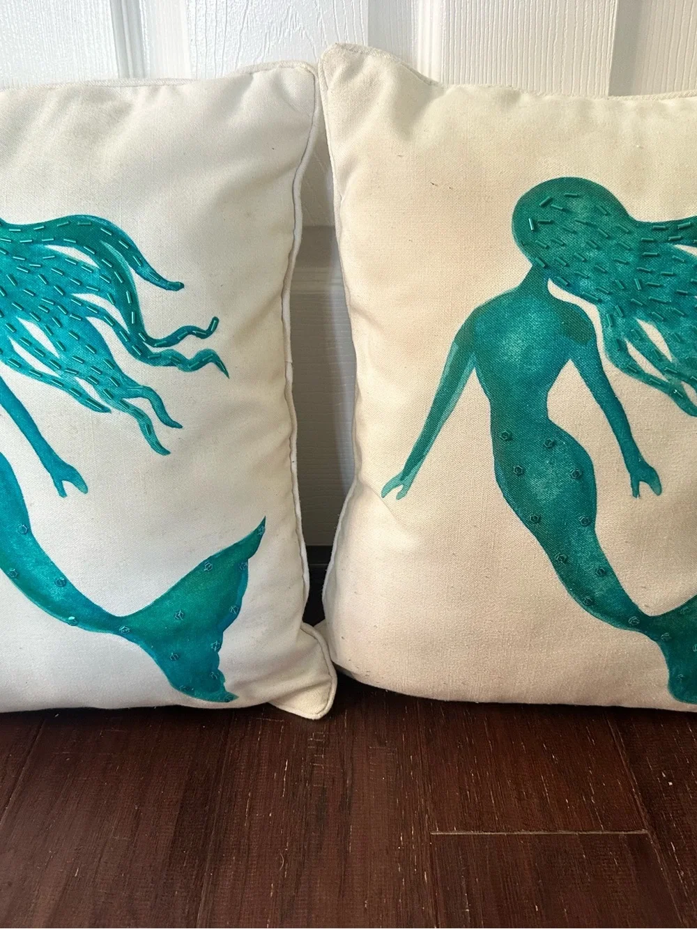 Pair of 13”x17” teal and cream beaded mermaid accent pillows
